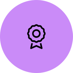 A purple circle with a black ribbon and a medal